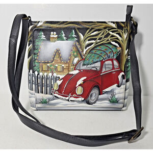 Anuschka Hand-Painted Holiday Shoulder Crossbody Bag with Winter Scene